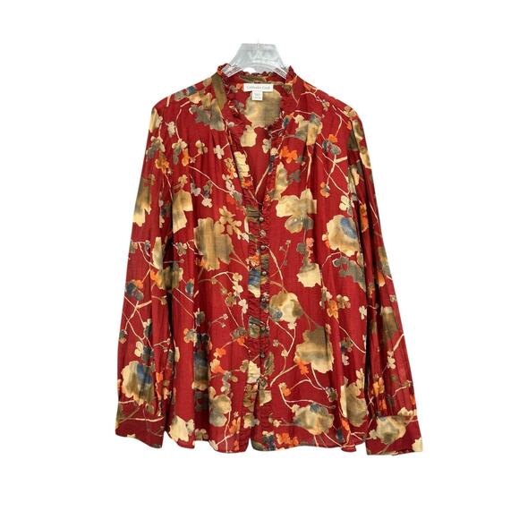 Coldwater Creek Red Floral Print Cotton Silk Blend Long Sleeve Lightweight Top - Picture 5 of 13